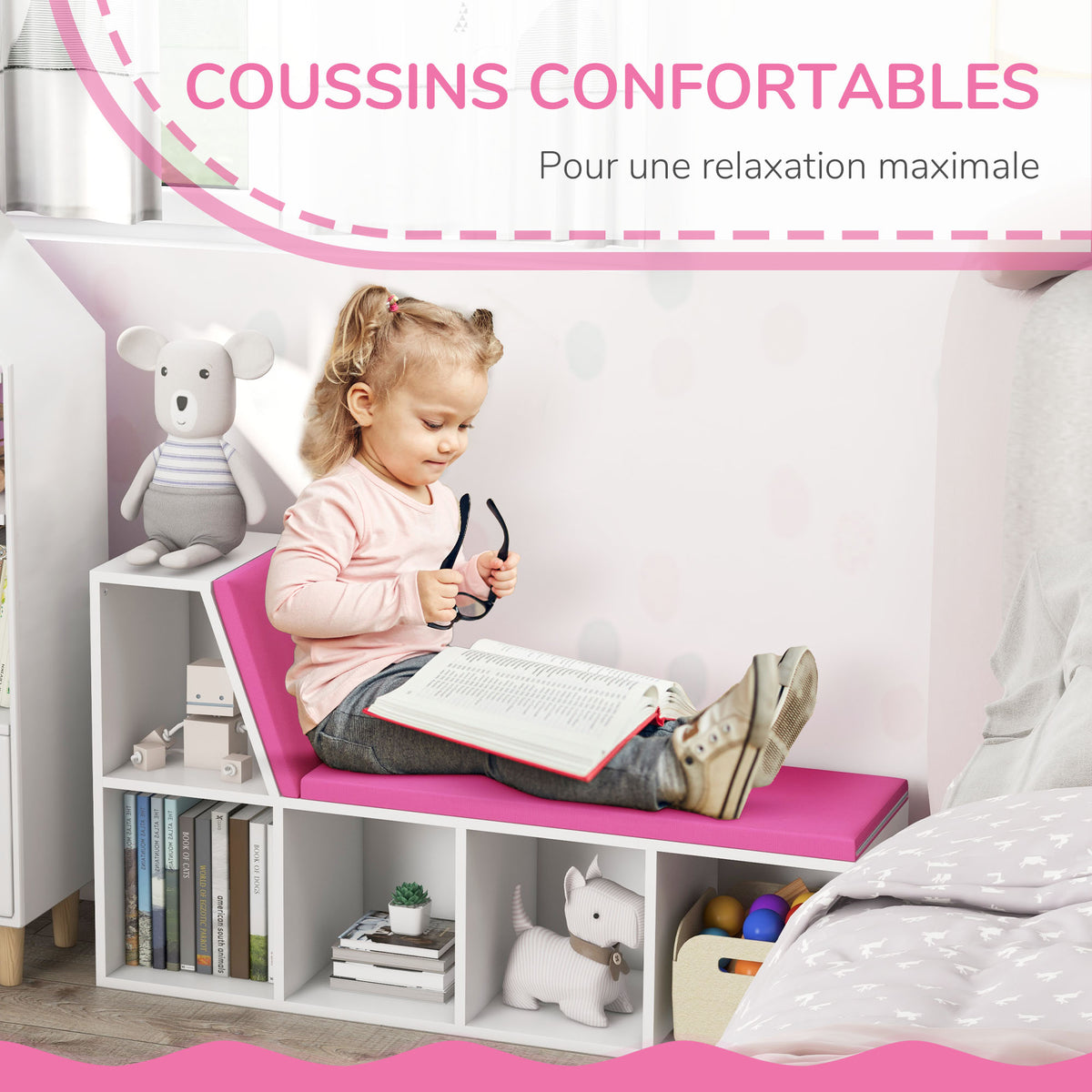 Bibliothèque banc 2 en 1 avec 5 compartiments de rangement et 2 coussins 108 x 30 x 60 cm blanc rose