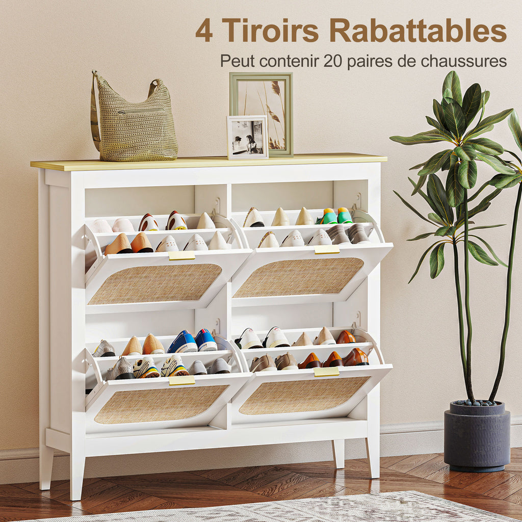 Meuble à chaussures 20 paires bohème avec 4 tiroirs rabattables, portes effet cannage rotin, 105 x 24 x 95,5 cm, blanc