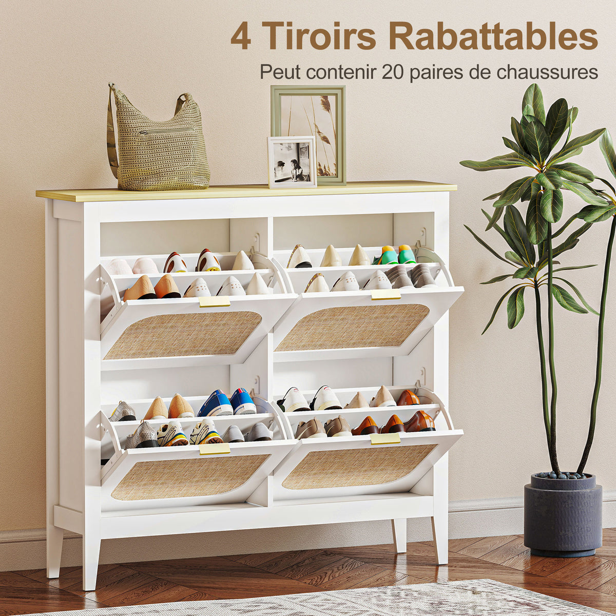 Meuble à chaussures 20 paires bohème avec 4 tiroirs rabattables, portes effet cannage rotin, 105 x 24 x 95,5 cm, blanc