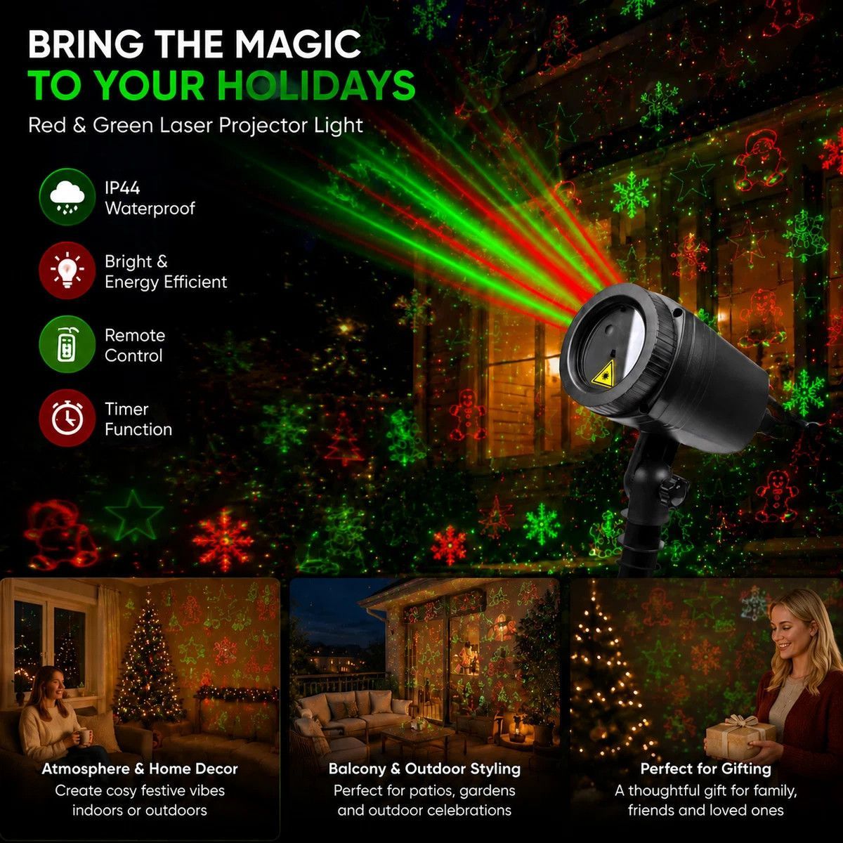 Outdoor Waterproof Red Green Laser Projector Light, Multi Pattern Christmas Halloween Yard Lamp