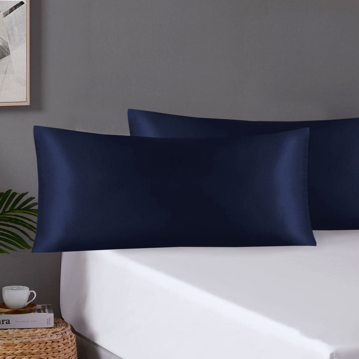 NNEDSZ Pair of King Satin Silk Pillowcases with Envelope Closure 51 x 102 cm Navy