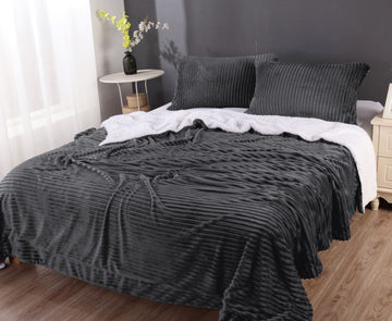 NNEDSZ stripe flannel sherpa blanket queen charcoal