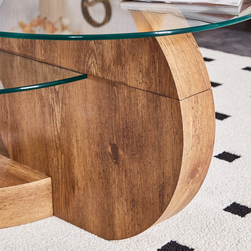 'MINORI' Double Layer Clear Tempered Glass Dark Wood Grain Coffee Table