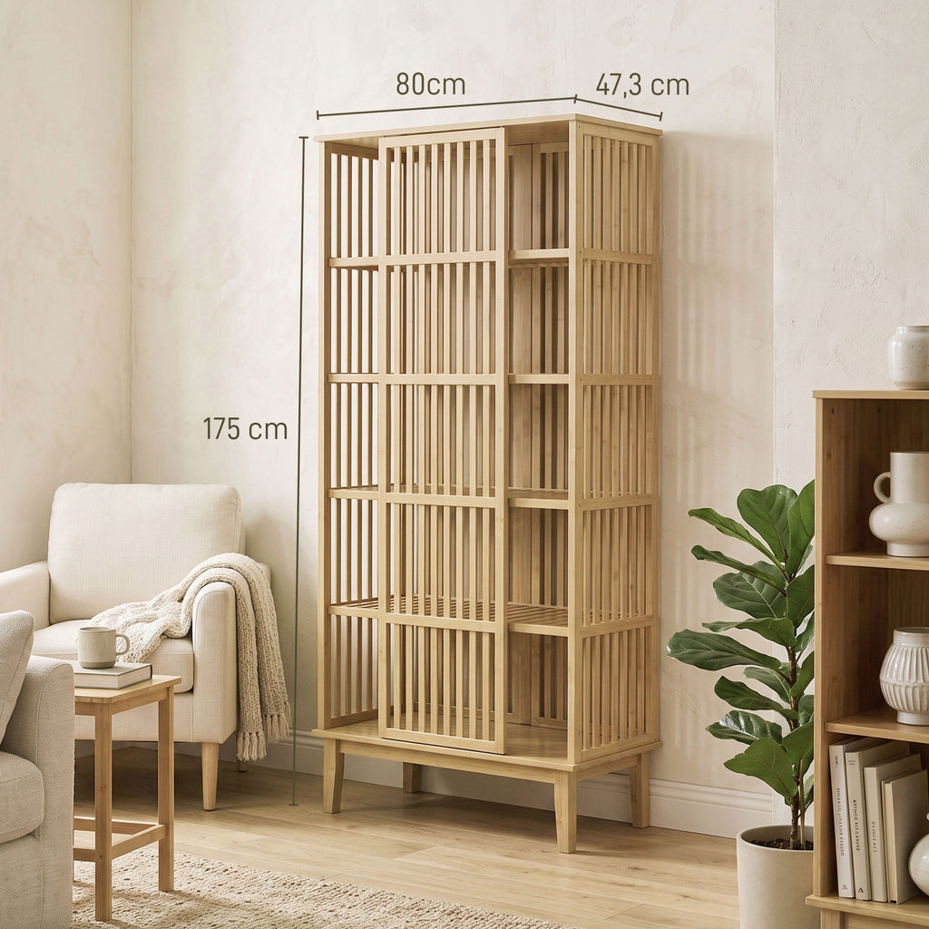 Armoire Chambre Penderie en Bambou 5 Niveaux avec Porte Coulissante, Design Aéré à Lattes, Bois Naturel