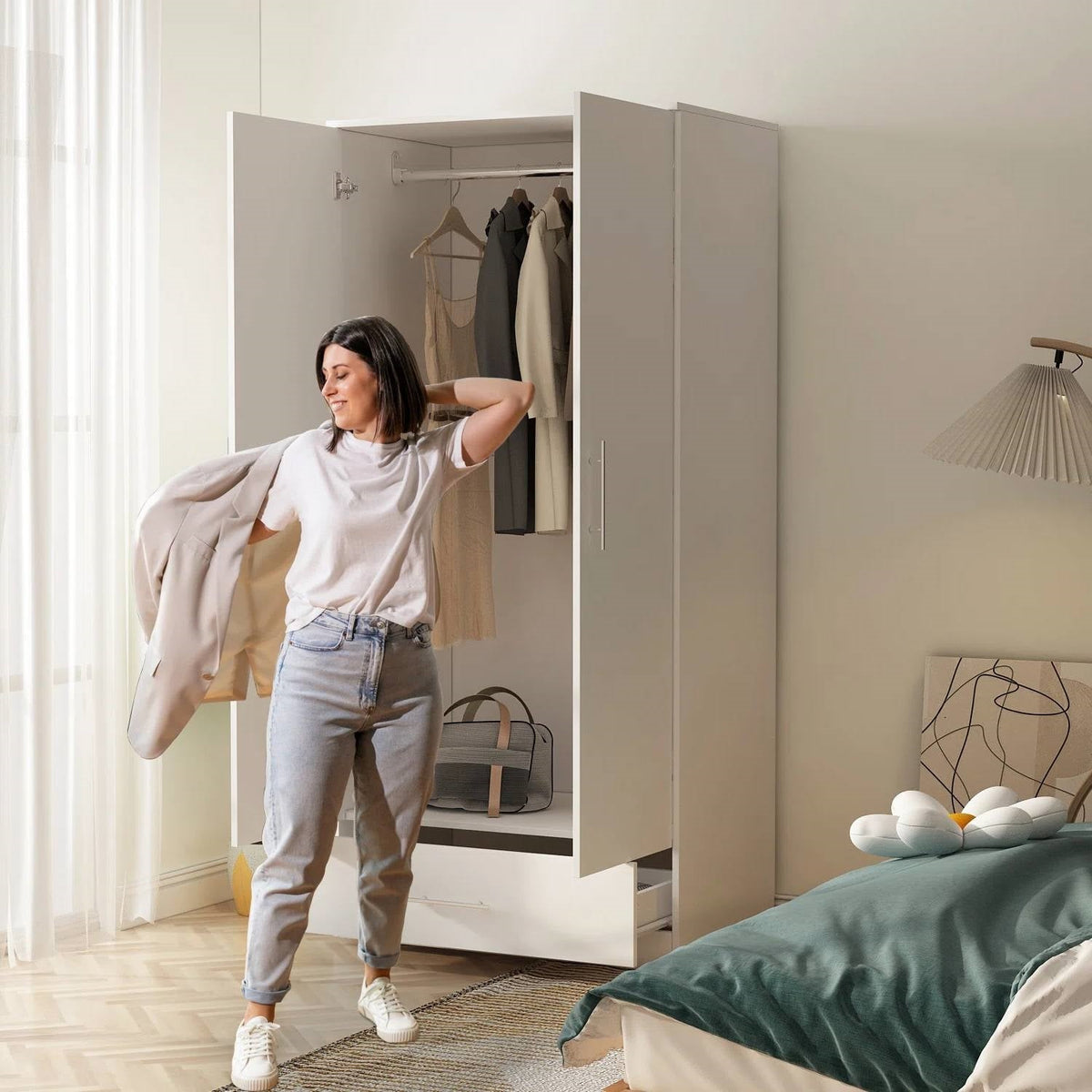Modern Armoire Wardrobe Closet Cabinet with Storage Drawer in White Wood Finish