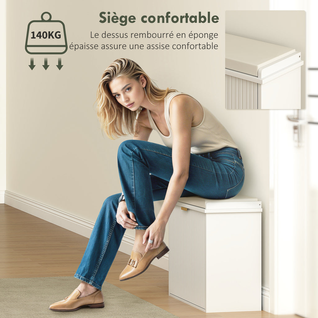 Banc à chaussures avec coussin d'assise rembourré et tiroir rabattable pour couloir, chambre, 62 x 26 x 47,5 cm, blanc