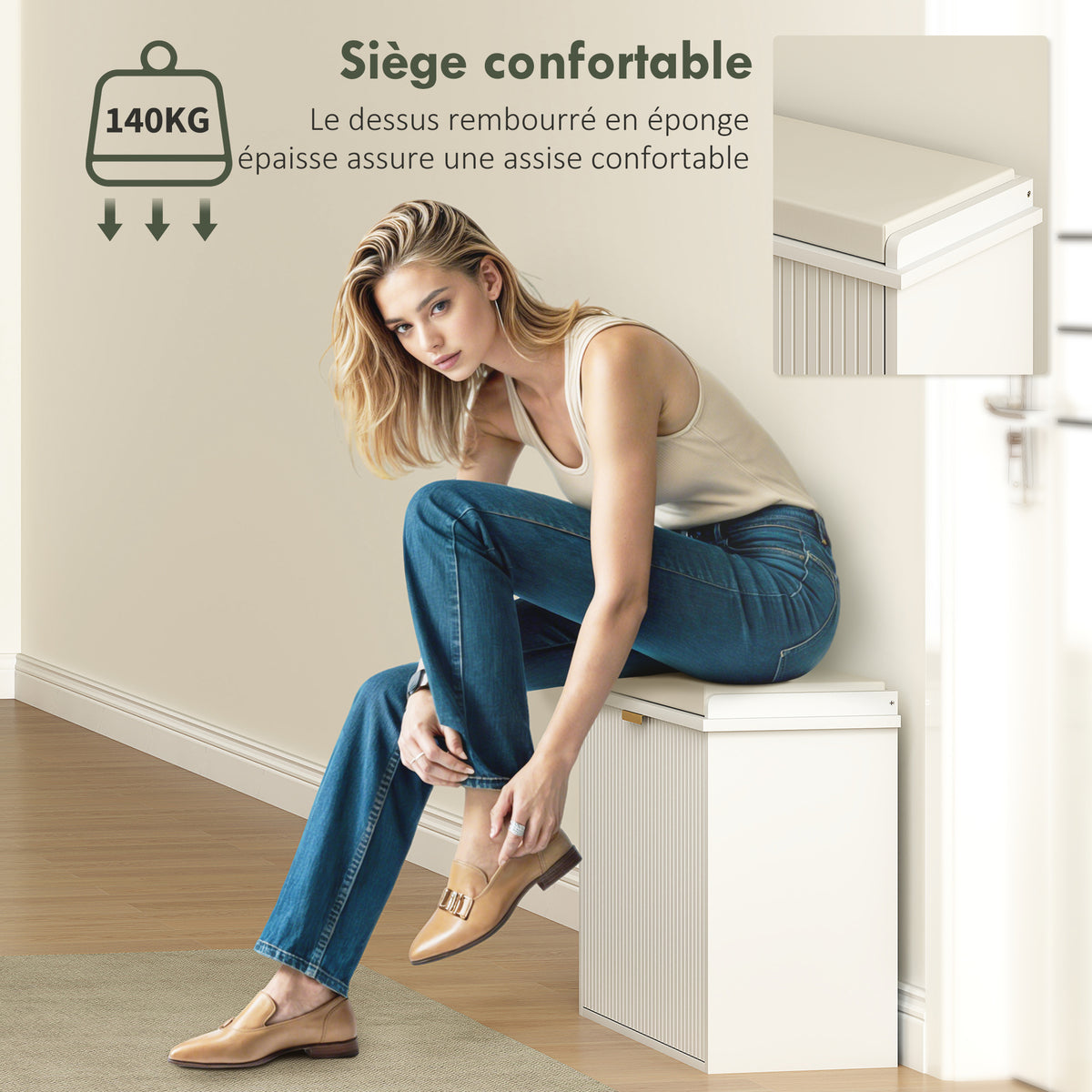 Banc à chaussures avec coussin d'assise rembourré et tiroir rabattable pour couloir, chambre, 62 x 26 x 47,5 cm, blanc