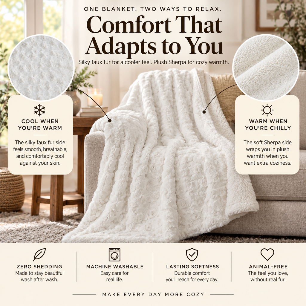 DaDa Bedding Luxury White Roses Fluffy Soft Sherpa Backside Faux Fur Throw Blanket (K11)