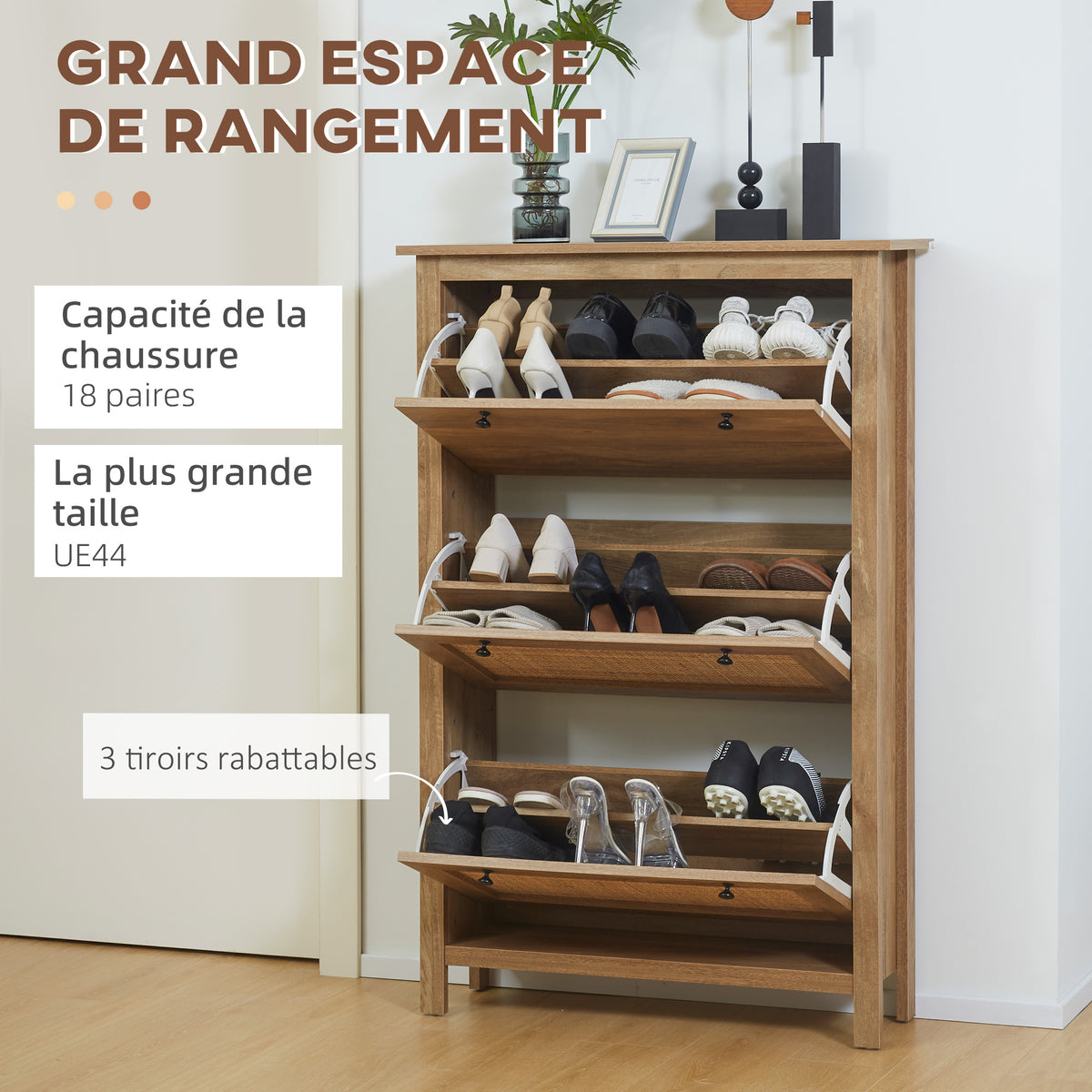Meuble à chaussures étagère à chaussures armoire 3 portes abattants effet cannage rotin - en bois bois naturel