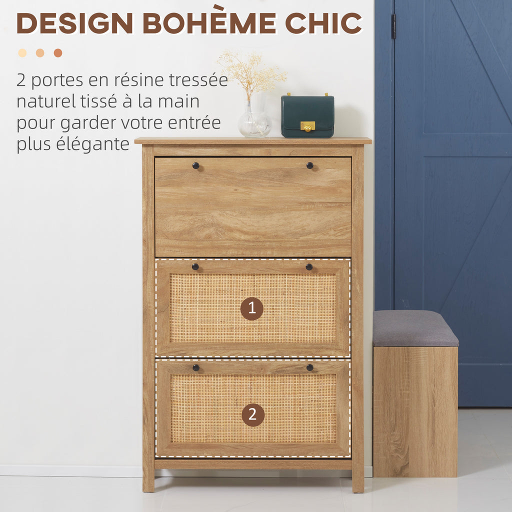 Meuble à chaussures étagère à chaussures armoire 3 portes abattants effet cannage rotin - en bois bois naturel