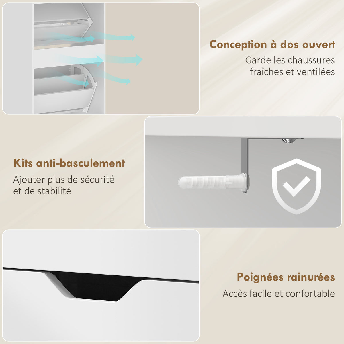 Meuble à chaussures 18 paires, armoire à chaussures étroite, 3 tiroirs rabattables, étagères réglables, blanc