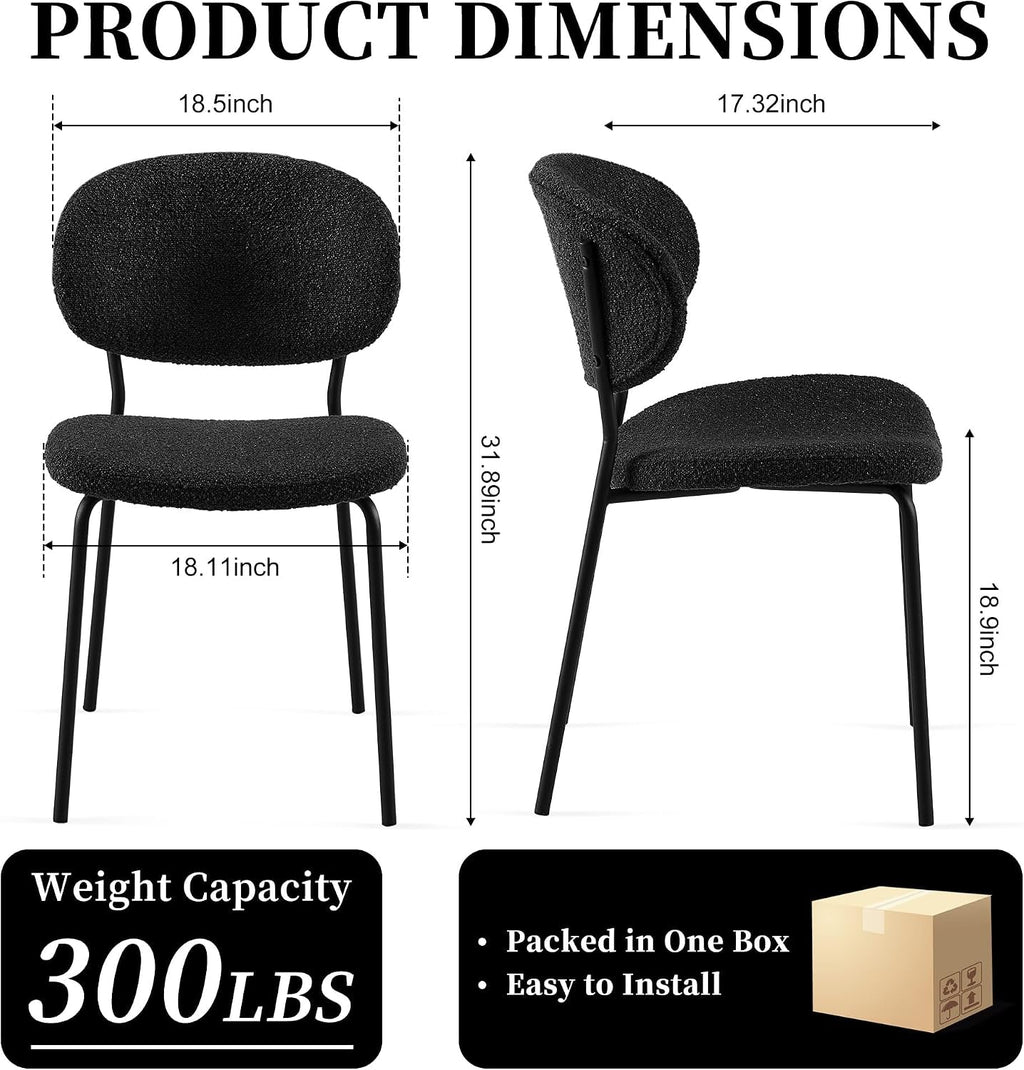 Black Boucle Curved-Back Metal-Leg Dining Chair Pair