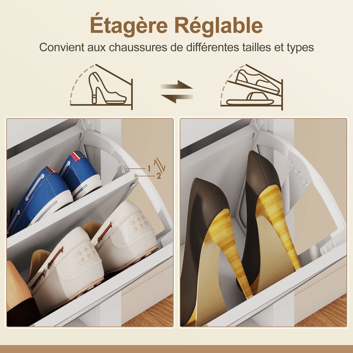 Meuble à chaussures 20 paires bohème avec 4 tiroirs rabattables, portes effet cannage rotin, 105 x 24 x 95,5 cm, blanc