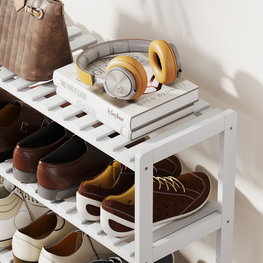 Étagère à chaussures, porte-chaussures 3 niveaux, étagères à lattes, en bois de pin， 70 x 26 x 57,5 cm, blanc