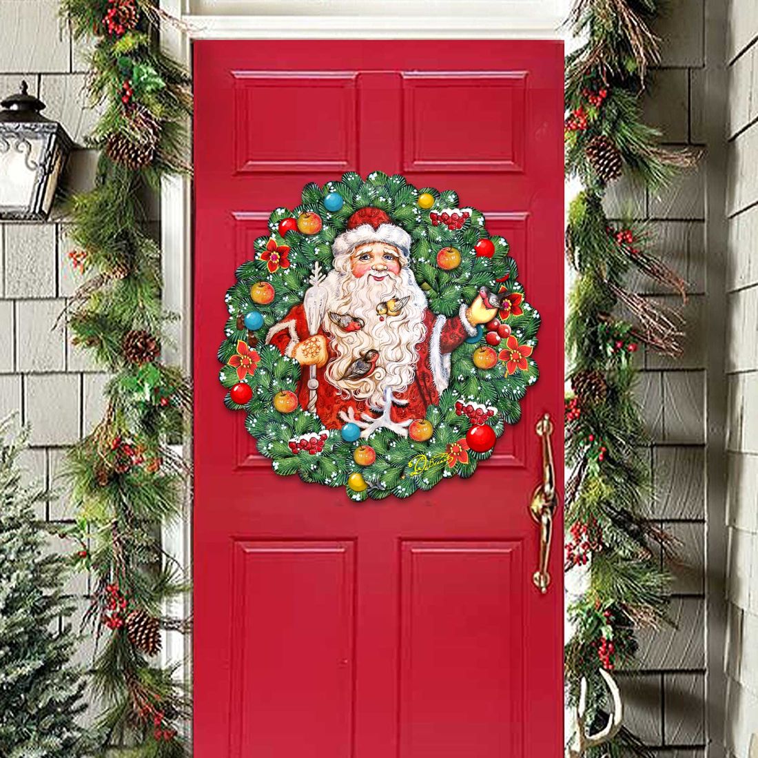 Santa Wreath with Birds Door Decor by G. DeBrekht - Christmas Santa Snowman Decor - 8185320H