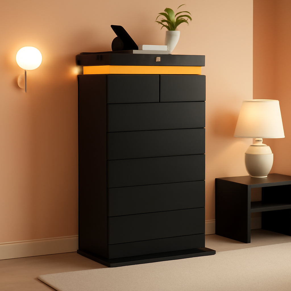 Contemporary Black Dresser Seven Drawers Led Lighting Strip