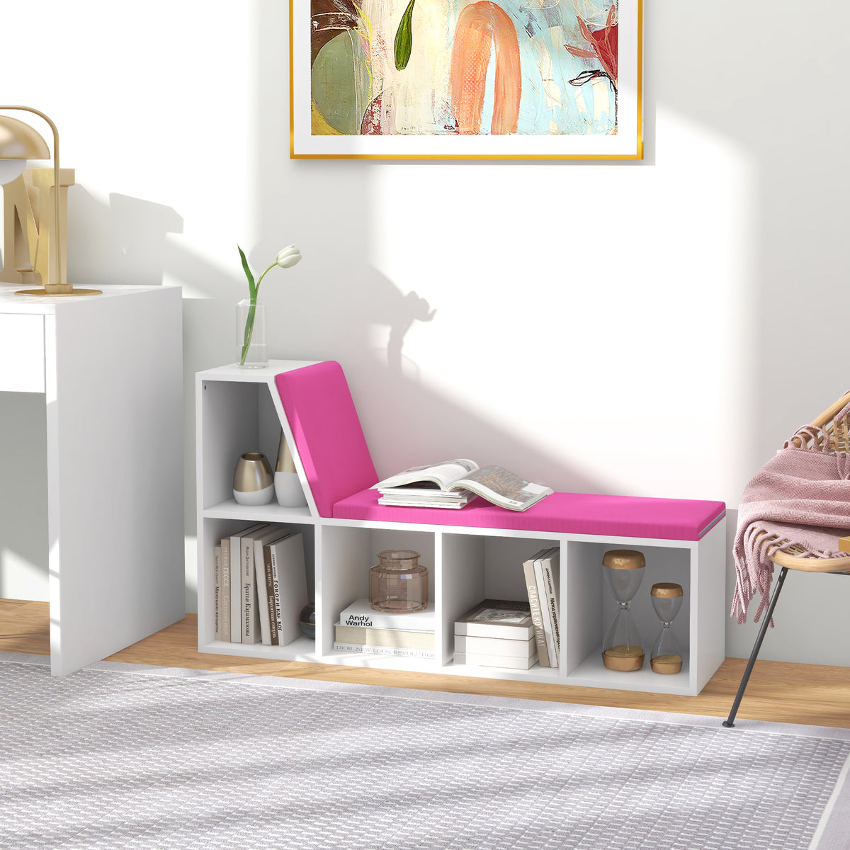 Bibliothèque banc 2 en 1 avec 5 compartiments de rangement et 2 coussins 108 x 30 x 60 cm blanc rose