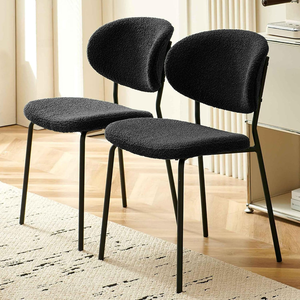 Black Boucle Curved-Back Metal-Leg Dining Chair Pair