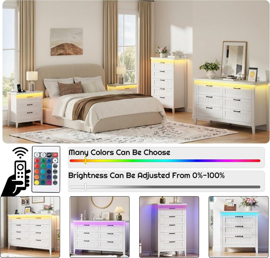 White Slim Modern Six Drawer Dresser With USB Charging