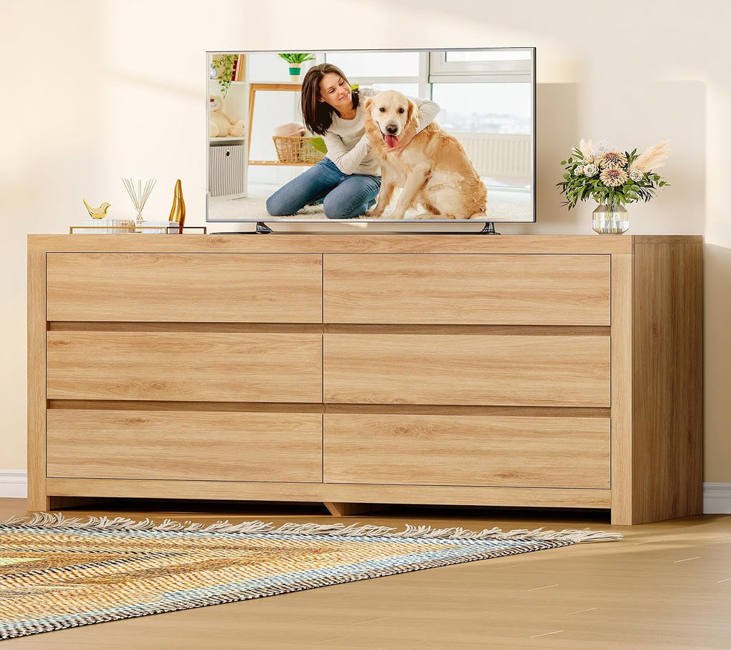 55 Inch Natural Contemporary Wooden Bedroom Dresser Six Drawers