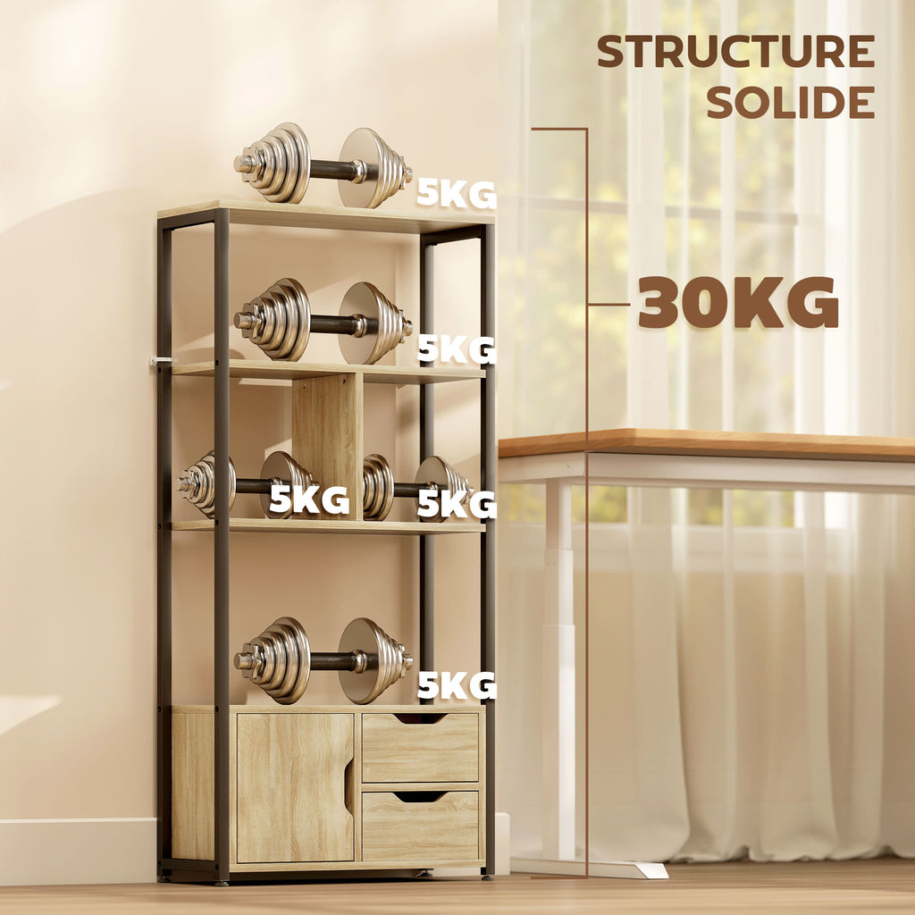 Bibliothèque style industriel 3 étagères placard porte 2 tiroirs 58 x 24 x 122 cm effet bois naturel acier noir