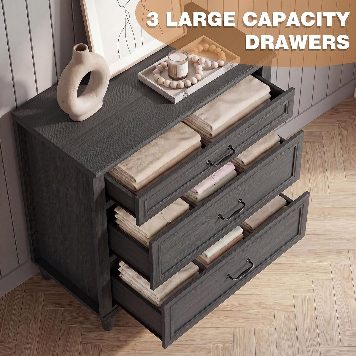 Black Grey Three Drawer Bedroom Storage Organizers