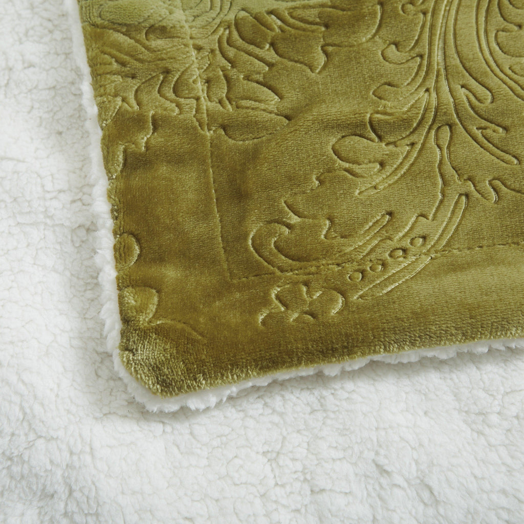 Tache Solid Embossed Green Olive Sherpa Throw Blanket
