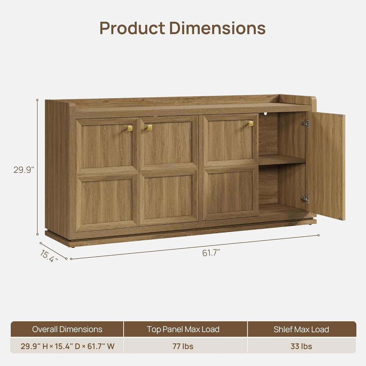 61.7 Inch Brown Oak 4 Door Buffet Cabinet Sideboard