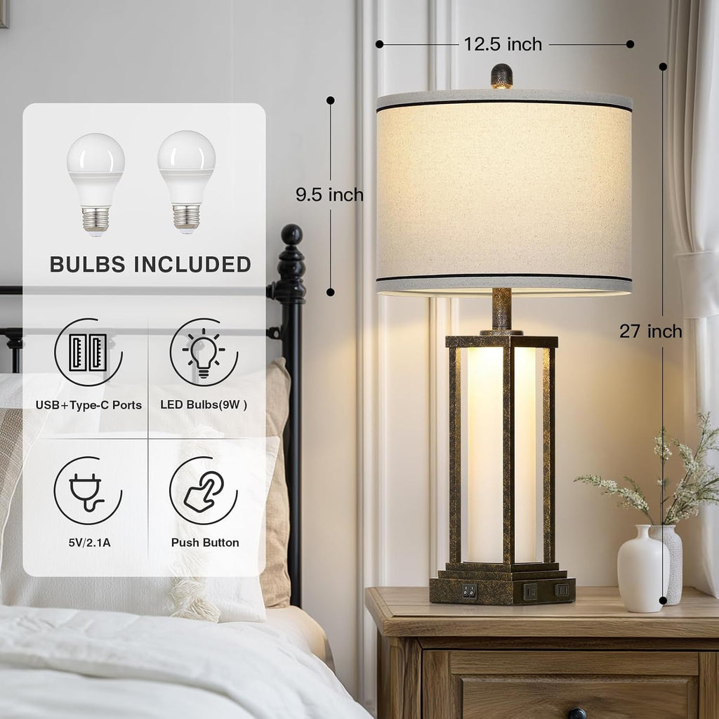 27Inch Bronze Bedside Nightstand Lamp Charging Ports