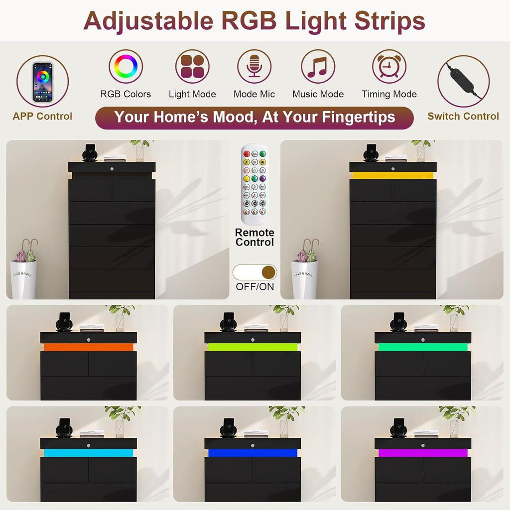 Contemporary Black Dresser Seven Drawers Led Lighting Strip