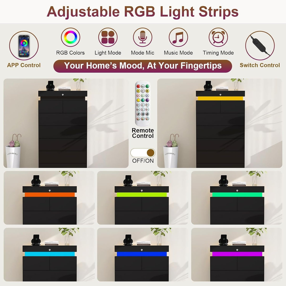 Contemporary Black Dresser Seven Drawers Led Lighting Strip