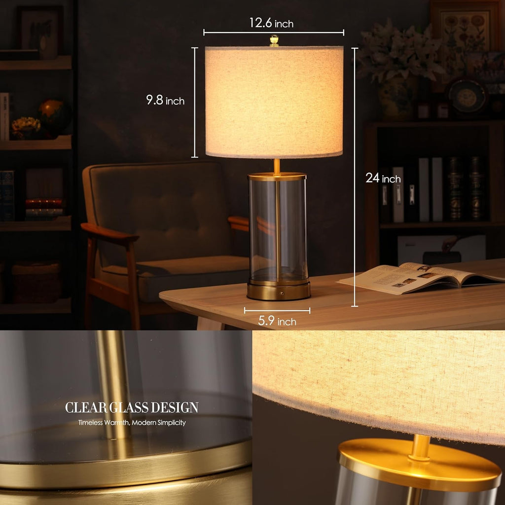 Cordless 24 Inch Clear Glass Table Lamp Antique Brass