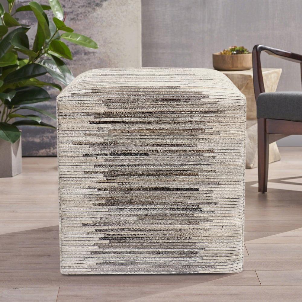 Canvello Cowhide & Sari Silk Pouf Ottoman