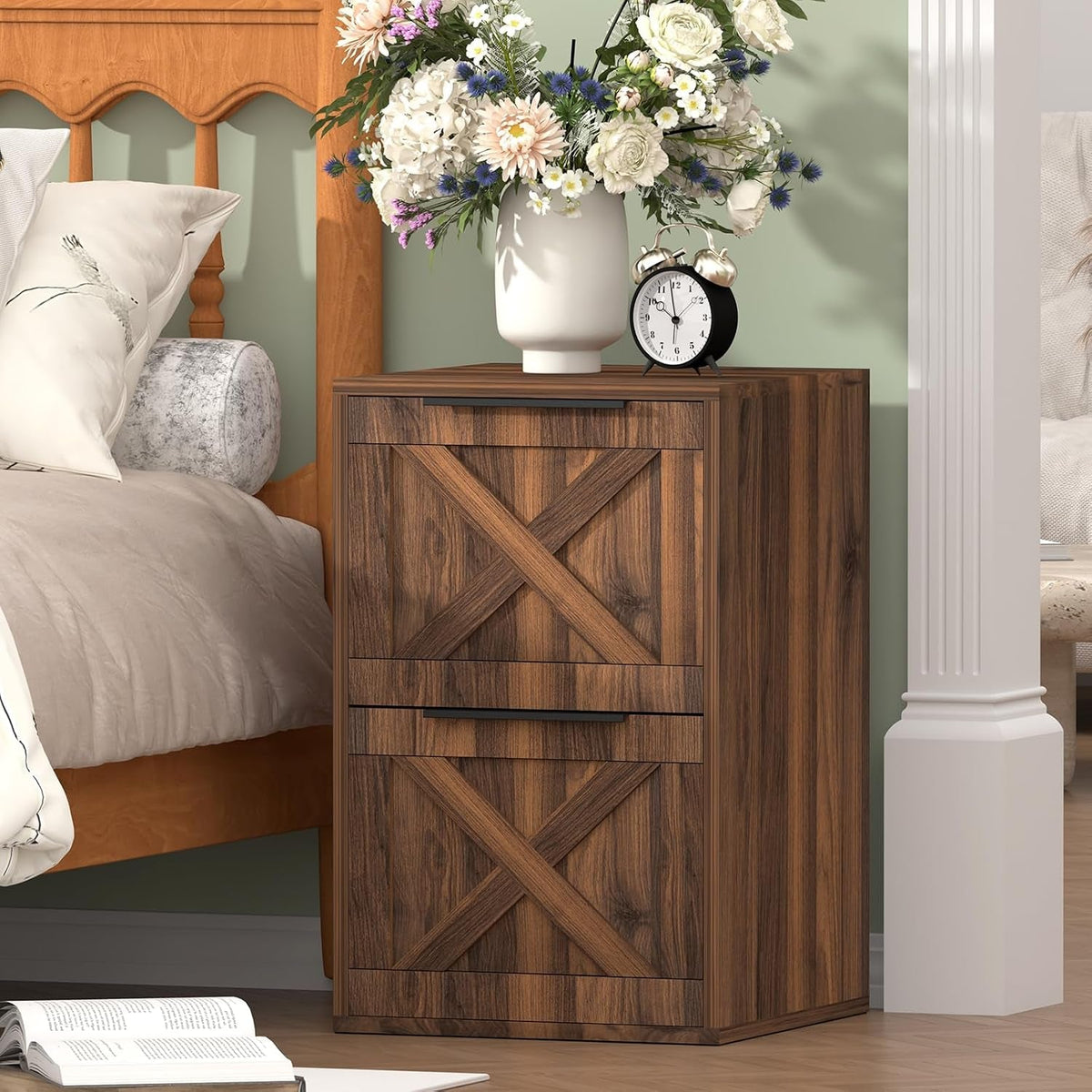 Farmhouse Two Drawer Wooden Filing Cabinet Storage