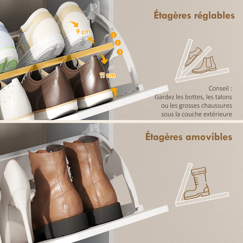 Meuble à chaussures 18 paires, armoire à chaussures étroite, 3 tiroirs rabattables, étagères réglables, blanc