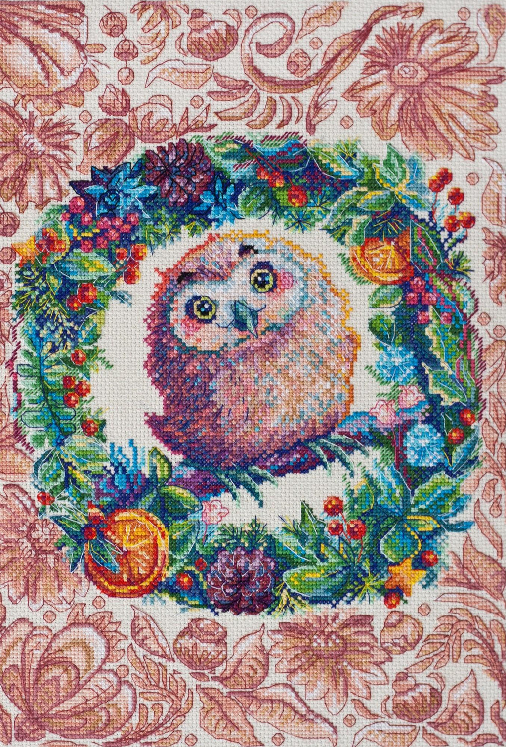 Berry Sweet Owl in Christmas Wreath Counted Cross-Stitch Kit by Abris Art AH-076