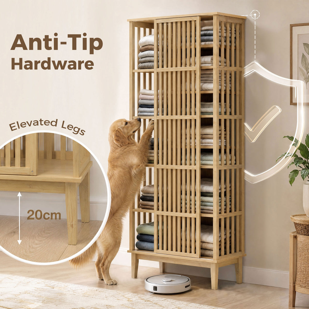 Armoire Chambre Penderie en Bambou 5 Niveaux avec Porte Coulissante, Design Aéré à Lattes, Bois Naturel