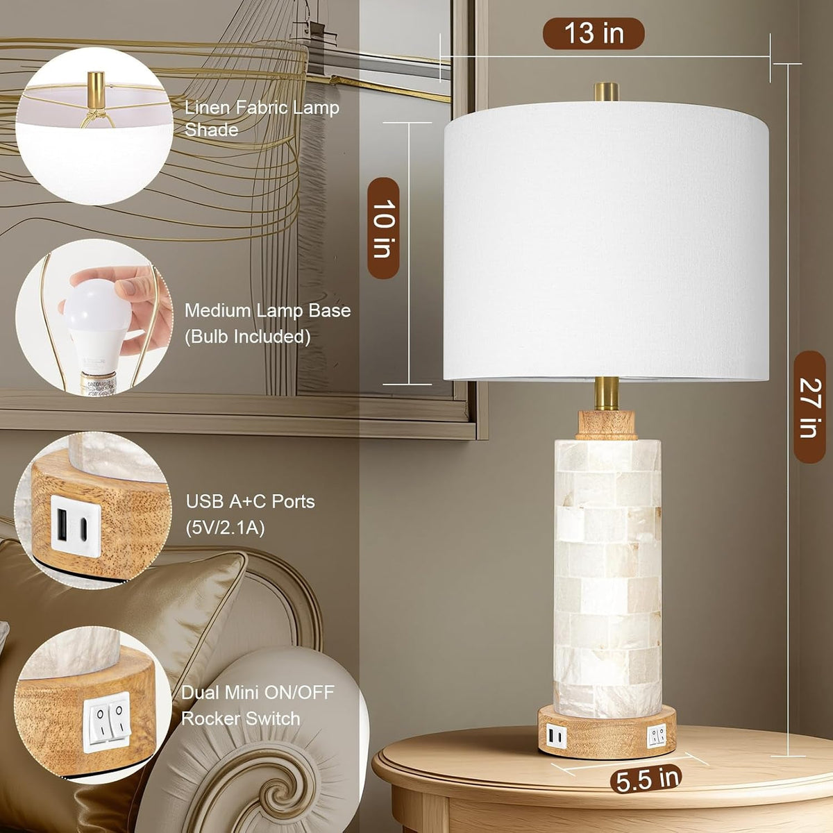 27Inch Alabaster Wood Table Lamps Setof2 Nightlight