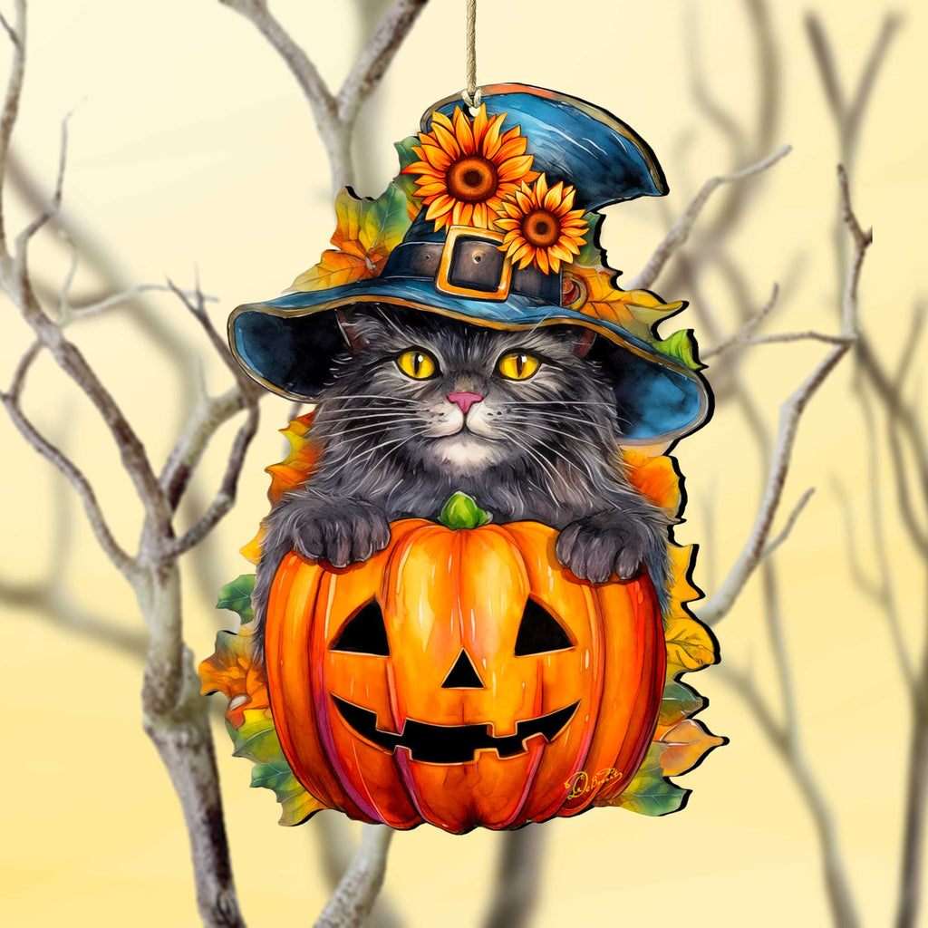 Black Cat Pumpkin Wooden Ornaments by G. Debrekht  Halloween Decor - 8652794