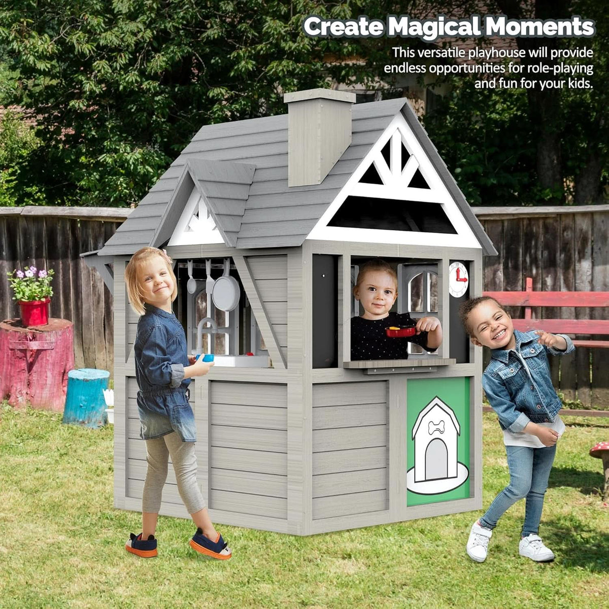 Gray Weatherproof Outdoor Wooden Playhouse With Sink