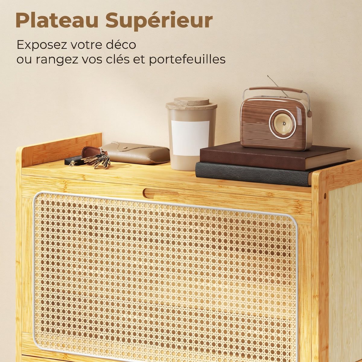 Meuble à chaussures 14 paires, armoire à chaussures 2 tiroirs rabattables, étagères réglables, 69x29x83cm, bois naturel