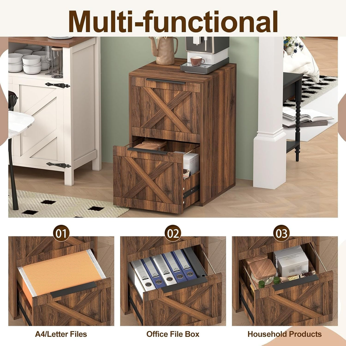 Farmhouse Two Drawer Wooden Filing Cabinet Storage