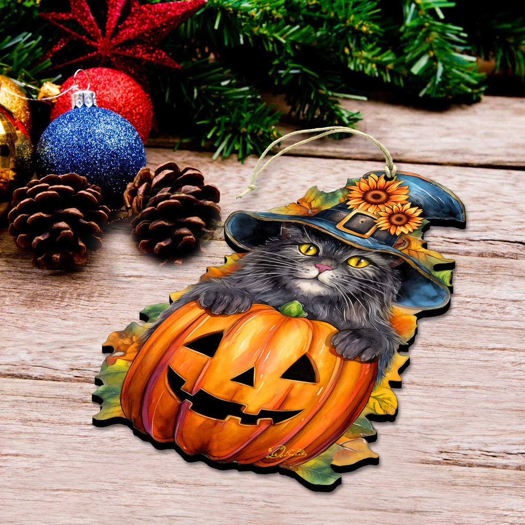 Black Cat Pumpkin Wooden Ornaments by G. Debrekht  Halloween Decor - 8652794