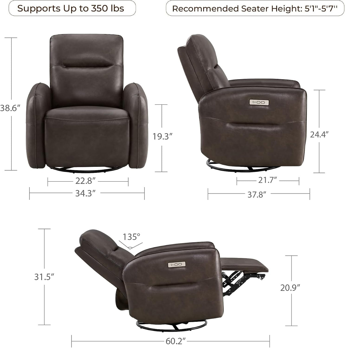 Chocolate Brown Faux Leather Power Reclining Chair