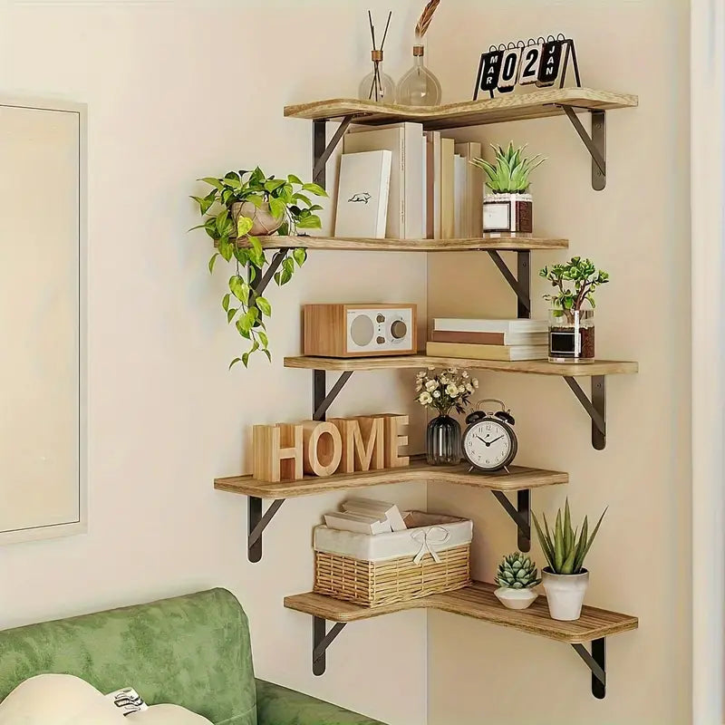 NNETM Set of 5 Rustic Wooden Corner Floating Shelves - Wall Mounted Storage Racks