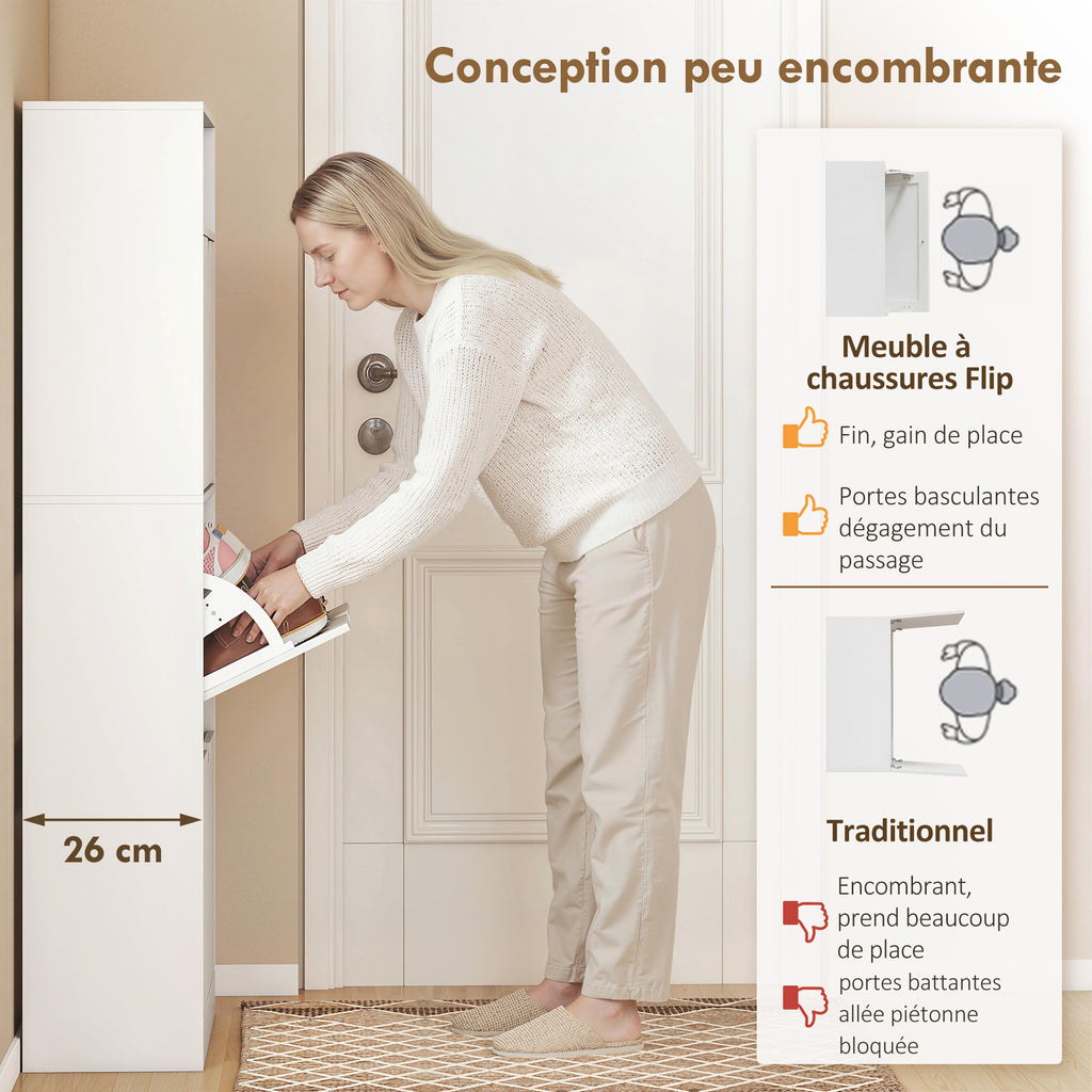Meuble à chaussures 18 paires, armoire à chaussures étroite, 3 tiroirs rabattables, étagères réglables, blanc