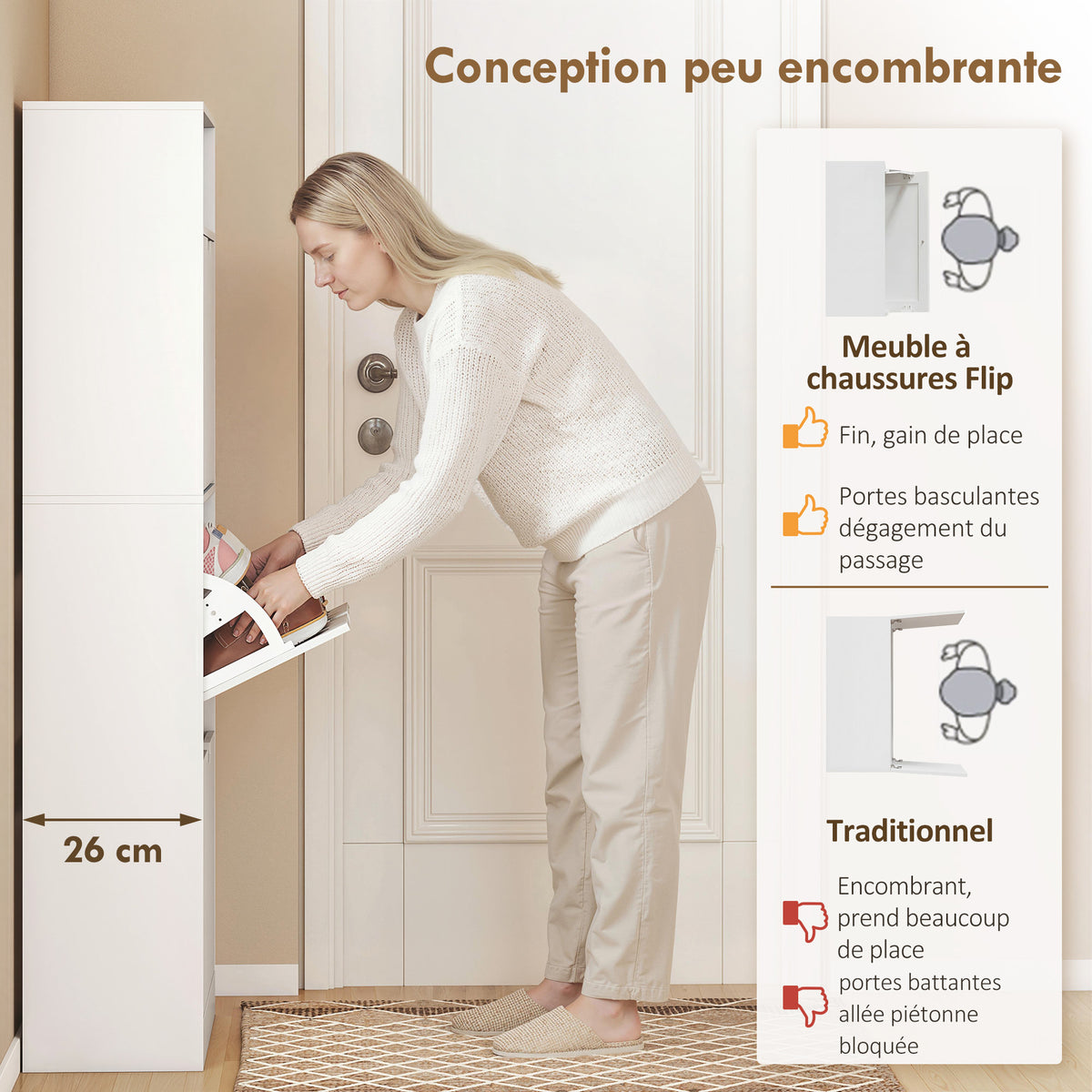 Meuble à chaussures 18 paires, armoire à chaussures étroite, 3 tiroirs rabattables, étagères réglables, blanc