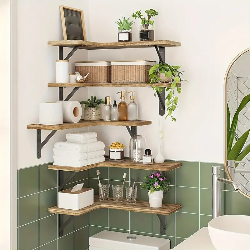 NNETM Set of 5 Rustic Wooden Corner Floating Shelves - Wall Mounted Storage Racks