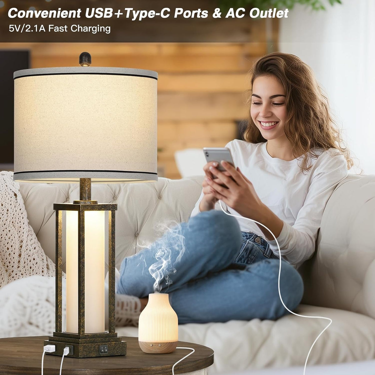 27Inch Bronze Bedside Nightstand Lamp Charging Ports
