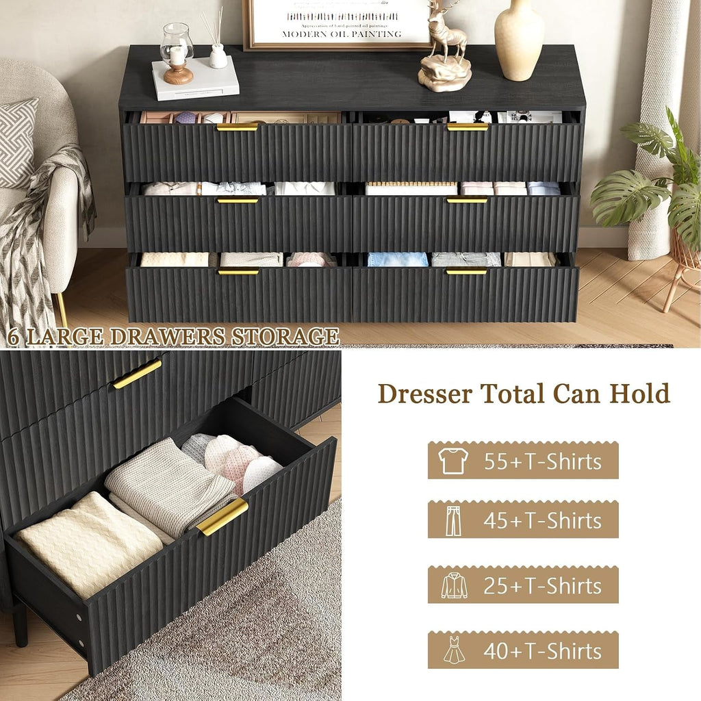 55InchWide Black Fluted Six Drawer Bedroom Dresser